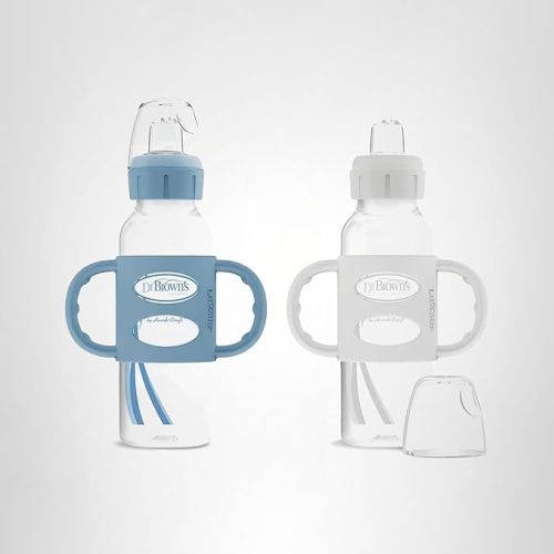 Dr. Brown's Milestones Narrow Sippy Spout Bottle with 100% Silicone Handles, Easy-Grip Handles with Soft Sippy Spout, 8oz/250mL, Light-Blue & Gray, 2-Pack, 6m+