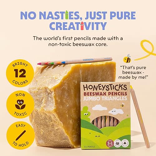 Honeysticks Jumbo Triangle Colored Pencils (12 Pack) - Preschool Pencil with Non-Toxic Beeswax Core, Large Triangular Shape, Easy Grasp, Bright Colors, Toddler Coloring and Drawing, Kids 1-3, 2-4, 3-5