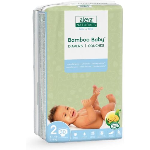 Aleva Naturals Hypoallergenic Bamboo Baby Diapers for Baby, Ultra Soft, Sensitive Skin Friendly, Biodegradable, Disposable– Size 2 (6-17 lbs/3-8 kg) | 30 ct