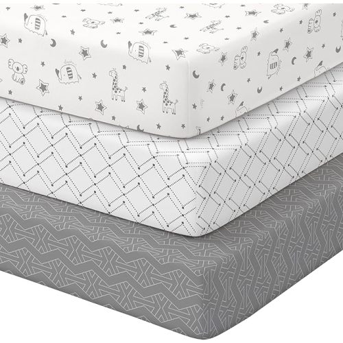 Pack and Play Sheets 3 Pack, Snug Fit Mini Crib Sheets for Boys Girls, Super Soft Stretchy Playard Sheet for Pack N Play Mattress, Breathable & Wrinkle-Resistant, White Dark Gray