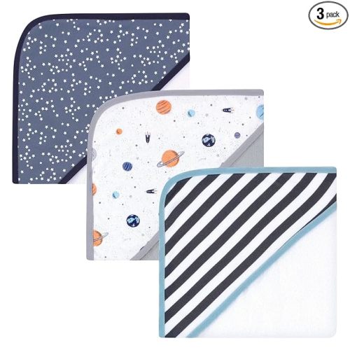 Hudson Baby Unisex Baby Cotton Rich Hooded Towels, Space, One Size