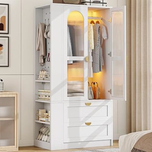 iPormis Armoire Wardrobe Closet with LED Lights & 2 Drawers, 71" Tall Clothing Storage Cabinet with Removable Hanging Rod, 4 Shelves & Pegboard Organizer, Large Capacity Bedroom Storage Cabinet, White