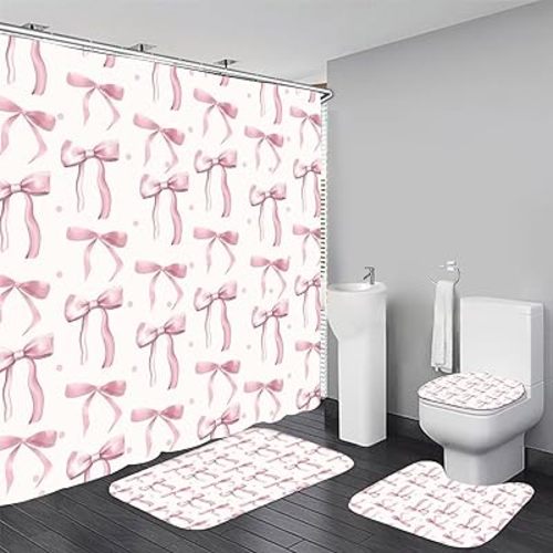 AZHM 4Pcs Pink Shower Curtain Set Cute Bathroom Sets with Shower Curtain and Rugs and Accessories Aesthetic Bathroom Decor Set with 12 Hooks