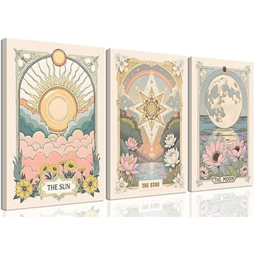 3Pcs Sun Moon And Star Celestial Canvas Wall Art Vintage Tarot Astrology Wall Decor Sun Flower and Full Moon Lotus Rainbow Poster Prints Picture for Bthroom Bedroom Living Room 12x16 inch Framed