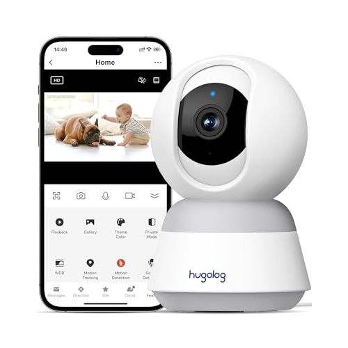 Hugolog 3K 5MP Indoor Pan/Tilt Security Camera with Auto-Focus,Ideal for Baby Monitor/Pet Camera/Home Security,Starlight Color Night Vision,Human/Pet AI,Noise Reduction,US Cloud,Works with Alexa