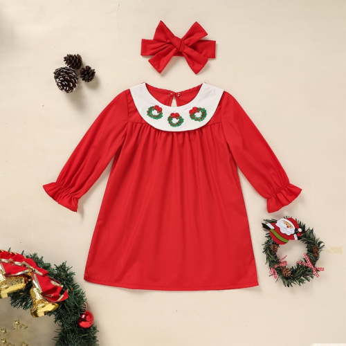 Zehjuhan Newborn Baby Girl Sweet Long Sleeve Cartoon Xmas Wreath Embroidered Party Dress for Holiday Red，3-6M