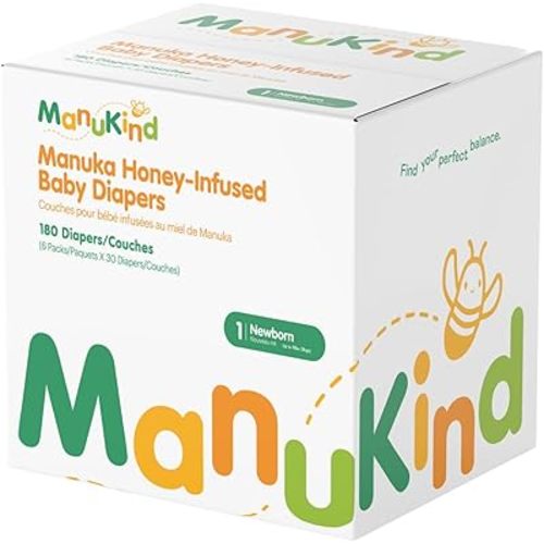 ManuKind Baby Diapers, Manuka Honey Infused, Ultra Soft, Plant-Based Materials, Quick-Dry Comfort, Leak Guard Protection, Size 1 – 180 Diapers (6 Packs of 30)