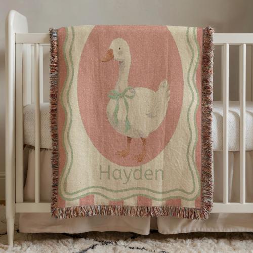 Vintage Goose Illustration Woven Blanket | Personalized Name, Pastel Nursery Throw