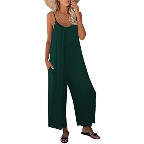 Womens Casual Sleeveless Strap Loose Adjustable Jumpsuits Stretchy Long Pants Romper with Pockets