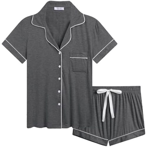 Joyaria Womens Cooling Bambo Viscose Pajamas Short Sleeve Button Down Pj Shorts Set Ultra Soft Summer Sleepwear-Small-XXL