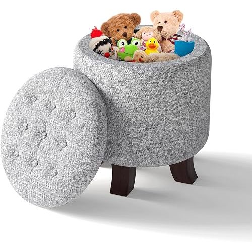 Storage Round Ottoman, 15.5 Inch Foot Rest Stool, Side of Bed Bench, Upholstered Large Ottoman Chair with Storage for for Living Room, Bedroom, Entryway, Light Gray