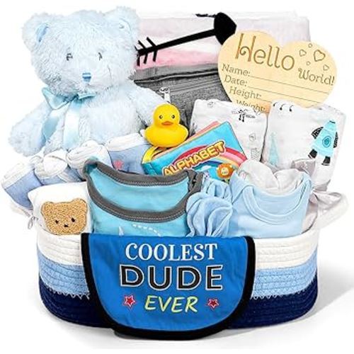 Baby Gift Set for Newborn, New Baby Boy Gift Basket, Newborn Essentials Hat Onesie Bear Toys Keepsake Blanket Infant Diaper Changing Pad Bibs, Baby Shower Gifts for Boys