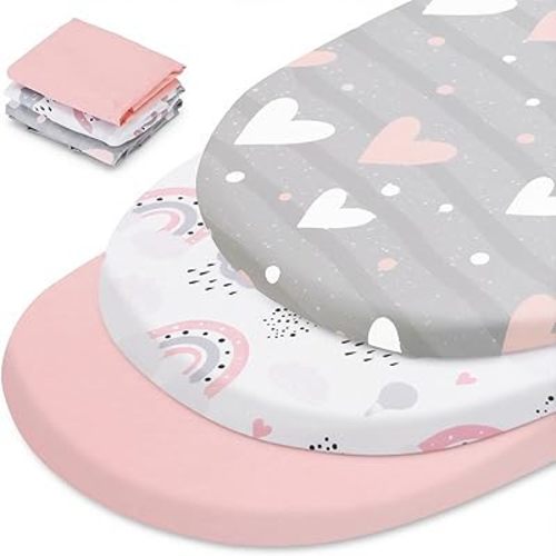 3 Pack Stretchy Bassinet Sheets - Universal Fit for Rectangle, Round, Oval, Hourglass Cradles & Moses Baskets - Soft Breathable Fitted Bassinet Sheets Set for Baby - Pink & Grey Heart