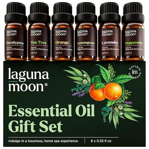 Lagunamoon Essential Oils Christmas Set - 6 Oils for Diffusers, Home Care, Candle Making Scents, Fragrance, Aromatherapy, Humidifiers, Gifts - Peppermint, Tea Tree, Lavender, Eucalyptus, Orange (10mL)