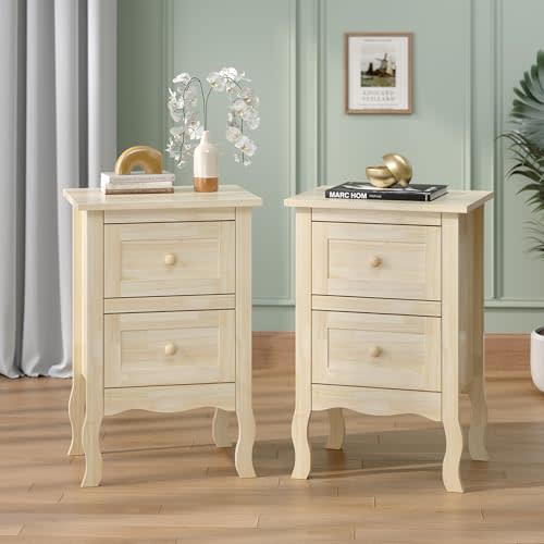 Bonnlo Nightstands Set of 2, Solid Wood Nightstand Unfinished for Color DIY, Small Night Stand for Bedroom, Natural Wood Nightstand with Drawers, Light Wood Nightstands, Real Wooden Bed Side Table