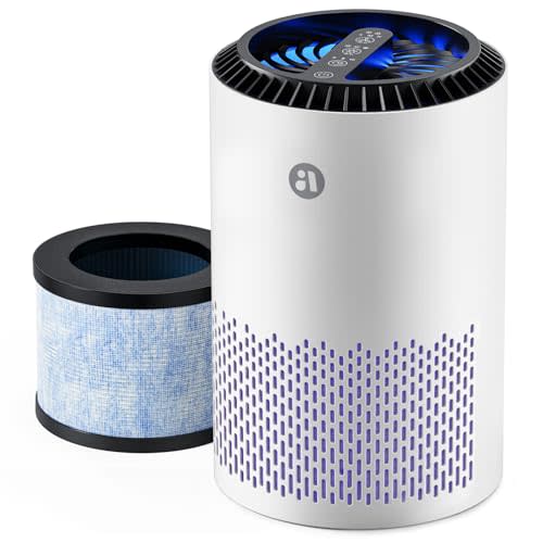 AROEVE Air Purifiers for Bedroom Home, 3 Layer Filter for Smoke Pollen Allergies Pet Dander Odor, Sleep Mode, Energy Saving, 4 Speeds, Timer for Office, Dorm, MK01A White+Blue