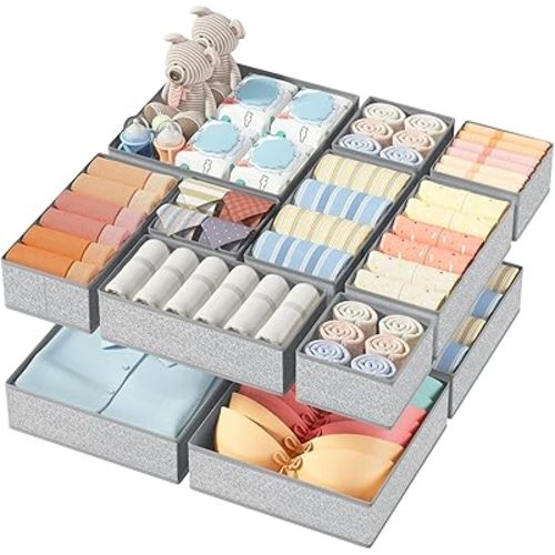 DIMJ Drawer Organizers Clothes Closet - Drawer Divider Underwear Organizer Multifunctional Foldable Bra Dresser Multifunctional Drawer Organizer 12 Pack, Ant Grey