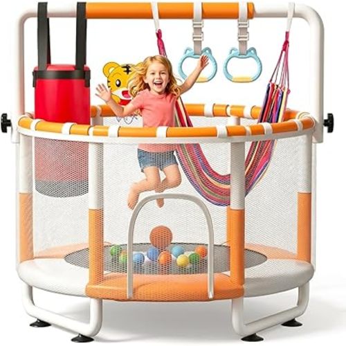 55" Kids Indoor Trampoline with Safety Net, Adjustable Gymnastics Bar & Toys – Indoor/Outdoor Toddler Play Gym for Boys & Girls Ages 3+, Birthday Gifts