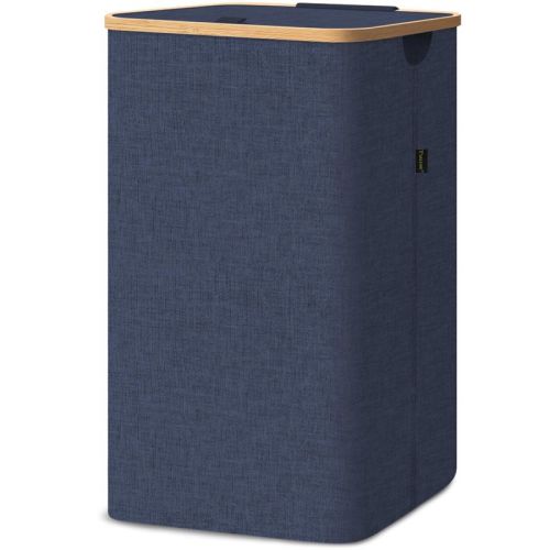 HOMLUX 2.8bu Laundry Hamper with Lid, Bamboo Pull Handles, Internal Support, Blue