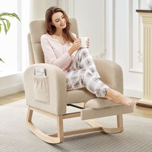 COZONY Nursery Glider Rocker with Adjustable Footrest – High Back Swivel Chair, Two Side Pockets, for Living Room & Bedroom