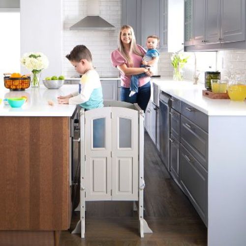 Martha Stewart Kitchen Helper by Guidecraft: Adjustable Wooden Step Stool, Kids Folding Learning Toddler Tower w/ Non-Slip Mat