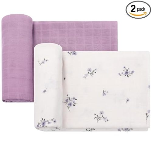 LifeTree Baby Swaddle Blankets, Boys Girls Muslin Swaddling Wrap Receiving Blanket for Newborn, 70% Viscose from Bamboo and 30% Cotton, Large 47" x 47", Flower and Mauve Pattern