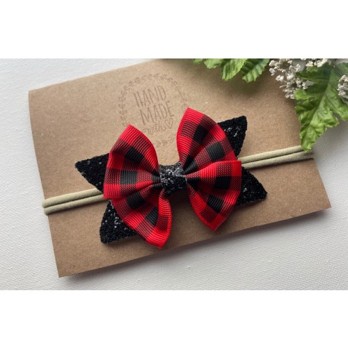 Red and Black Buffalo Print Headband , Glitter Baby Hair Bow  , Red and Black Buffalo Plaid Nylon Headband