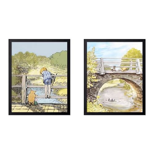 Monem Art 2-Piece Vintage Winnie Pooh and Friends Poster - Winnie Pooh on Stone Bridge Print - Story Book Illustration - Watercolor Piece - Aesthetic Kid's Room or Nursery Decor - 8x10 UNFRAMED Wall Art