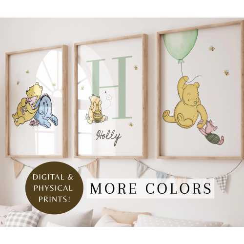 Set of 3 Custom Winnie the Pooh Nursery Prints Baby Pooh Nursery Art Personalized Baby Name Classic Pooh Nursery Decor Pooh Bear Wall Art
