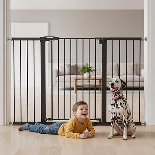 Mumeasy 29.7-57" Extra Wide Baby Gate, Auto Close Large Dog Gate for Doorways, No Drilling Pressure Mounted Pet Safety Gate for Stairs, Easy Walk Through Child Gate for Hallways, House, Indoor, Black
