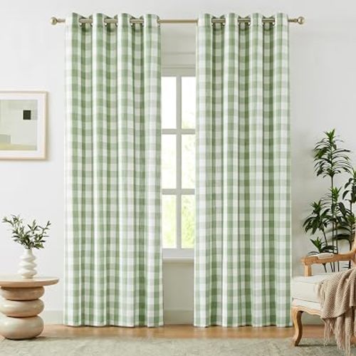Amzdecor Buffalo Plaid Grommet Curtains 84 Inch Length, Green Semi-Sheer Gingham Check Farmhouse Rustic Textured Curtains Drapery for Living Room Bedroom,2 Panels (52" x 84",Sage Green & White)