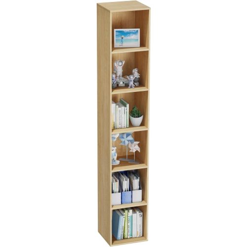 6 Tier Bookshelf, Open Tall Narrow Floor Standing Bookcase, Storage Organizer Bookshelves Freestanding Book Shelf for Living Room, Bedroom, Home Office (Oak, 6 Cube)