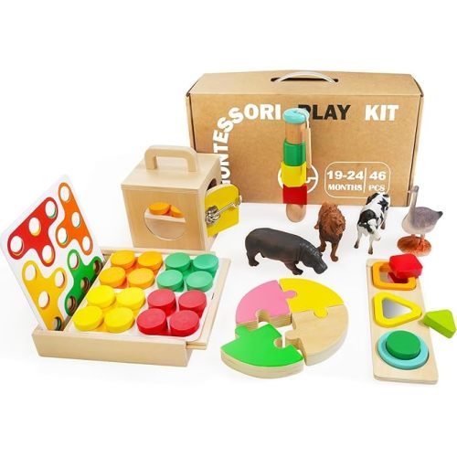 WOODMAM Montessori Toys for Babies 0-6 Months, 9 in 1 Learning Educational Sensory Toys for Newborn 0-3-6 Months, Includes High Contrast Cards, Baby Tissue Box Toy, Spinning Drum, Teether and More