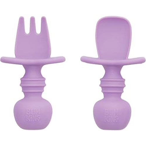 Bumkins Baby Utensils Set, Chewtensils Silicone Spoons for Dipping, Self-Feeding, Baby Led Weaning, Trainer Learning, First Stage Eating, Soft Practice Fork and Spoon, Babies 6 Months, Lavender