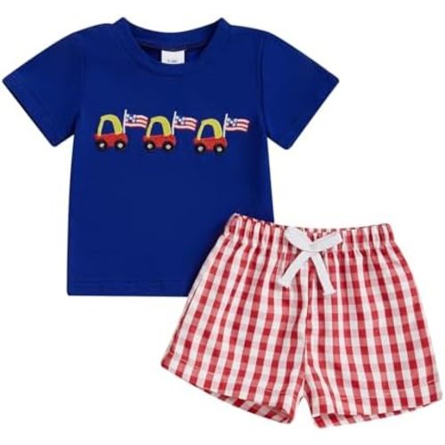 MoZiKQin Toddler Baby Boy Summer Clothes Short Sleeve Embroidery Letter T-shirt with Plaid Shorts Summer Outfits Set