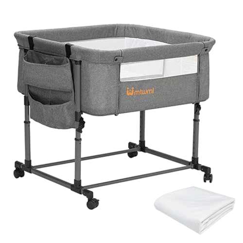MTWML Twin Bassinet for 2 Babies,Portable Twins Crib with Storage Bag and Replaceable Mattress Cover,Adjustable Height Double Bedside Crib Attaches to Bed with Strap for 0-6 Months (Deep Grey)