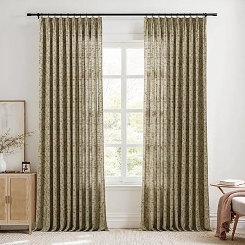 TWOPAGES Pinch Pleat Floral Curtain 90 Inch Long Light Filtering Privacy Drape Linen Textured Printed Curtain for Kitchen Bathroom (Scarlett, 26W x 90L Inches, 1 Panel)