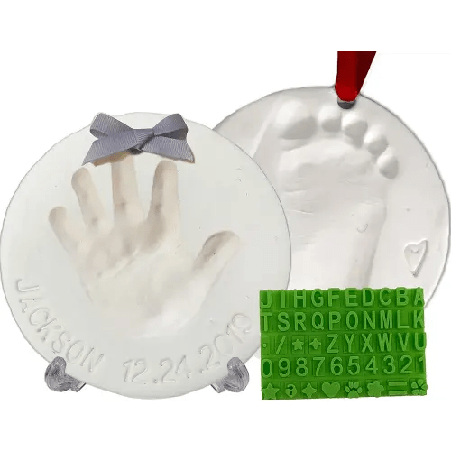 Baby Handprint Footprint Keepsake Ornament Kit (Makes 2) - Bonus Stencil for Personalized Christmas, Newborn, New Mom & Shower Gifts. 2 Easels! Non-Toxic Clay, Air-Dries Light & Soft, Won't Crack.
