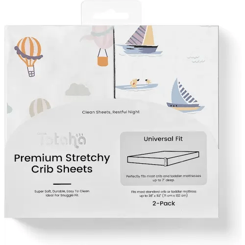 TotAha Premium Stretchy Crib Sheets (2-Pack)-Hypoallergenic, Silky Comfort, Buttery Soft, Calming Effect, All-Season Jersey-Knit Sheets, 28 X 52 X 9'' Extra Deep Pocket (Balloon & Sailboat)