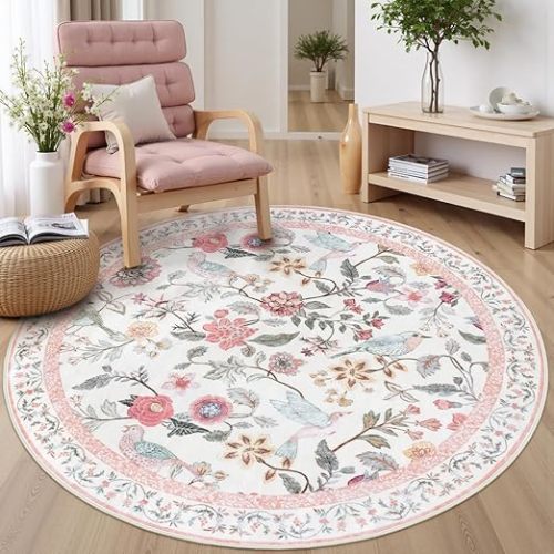 Pink Floral Round Rugs 5ft, Washable Boho Circle Rug for Girls Bedroom, Soft Non-Slip Botanical Nursery Circular Carpet, Modern Flower Birds Throw Rug for Kids Room Living Room