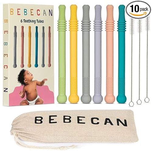 Bebecan Teething Sticks for Babies 36+ Months – Super Soft Silicone Teething Aids, Infant Oral Soothing Relief Back Molars, Multicolor 6-Pack