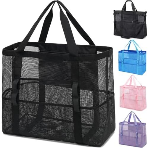 Mesh Beach Bag, Large Beach Tote with Zipper Pocket for Family Pool Bag for Toys & Vacation Essentials