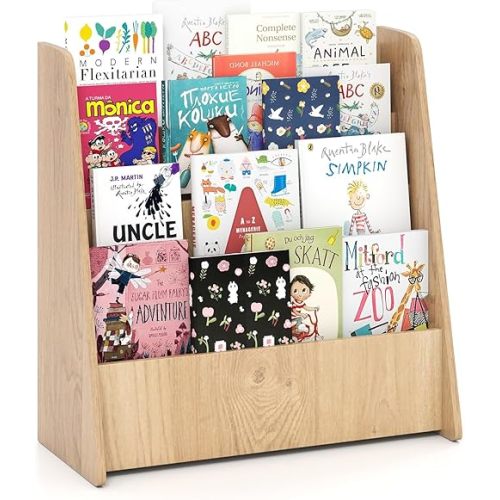 GLACER 4-Tier Kids Bookshelf, Wood Toddler Bookcase with Deep Magazine Display Shelf & Back Storage Space, Children Storage Organizer for Nursery, Playroom, Kids Bedroom, Classroom (Natural)
