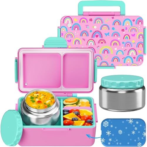 Kids Bento Lunch Box – 12 oz Stainless‑Steel Soup Thermo & 3‑Compartment Leak‑Proof Food Container with Built‑In Ice Pack, Insulated Food Jar for Boys & Girls, School & Travel