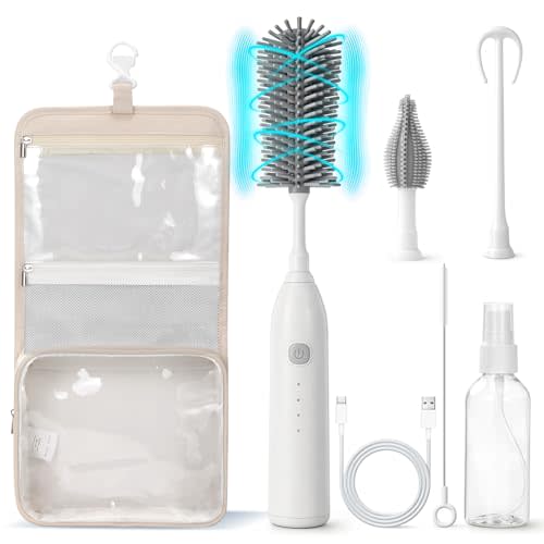 Electric Baby Bottle Brush Cleaner, 7-in-1 Portable Cleaning Set | Soap Dispenser & Travel Bag, 150-Min Runtime, Silicone Brush for Nipple/Straw/Formula Mixing, IPX6 Waterproof