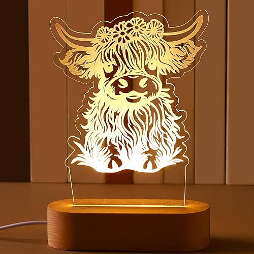 Dreyoo Highland Cow Acrylic LED Night Light, Christmas Bedside Decor Lamp