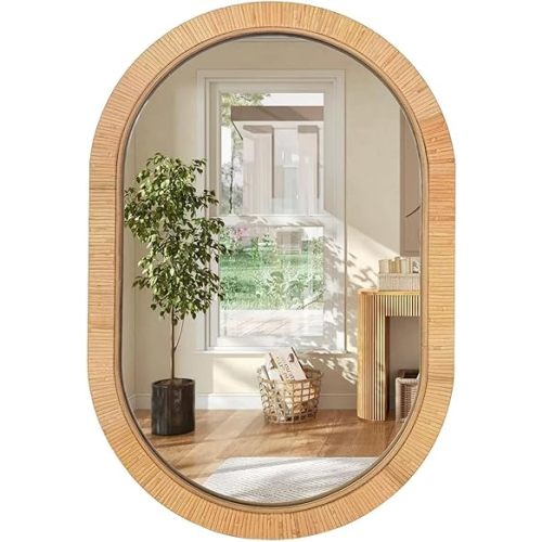 Handmade Rattan Mirror for Bathroom Vanity – Oval Wicker Frame Boho Wall Decor - Natural Nursery Decor Accent (20" x 30")