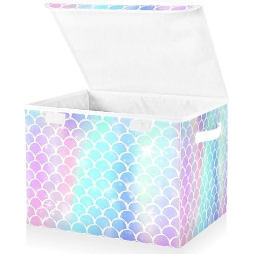 Large Storage Basket, Rainbow Scales Mermaid Princess Collapsible Containers Organizer Bin Cube Bedroom Shelves Clothes Closet Boxes Handles Lids