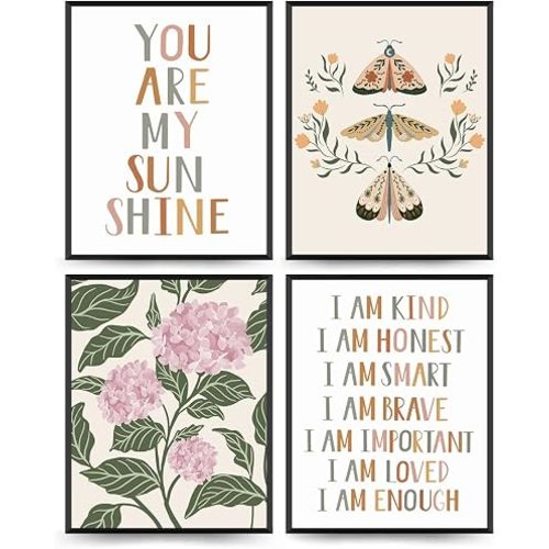 Wheatwin Boho Nursery Wall Art Decor, Inspirational Poster Prints, Boho Kids Affirmations Hydrangea Floral Moth Wall Decorations for Girl Nursery Room Bedroom Decor, 8x10 Unframed Set of 4