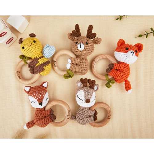 Personalized Crochet Animal Baby Rattle: Engraved Zelkova Wood, Newborn Gift